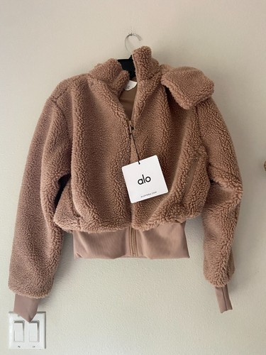 Alo Yoga Foxy Sherpa Jacket Women XS Camel Tan Beige Hooded Relaxed Hip Length