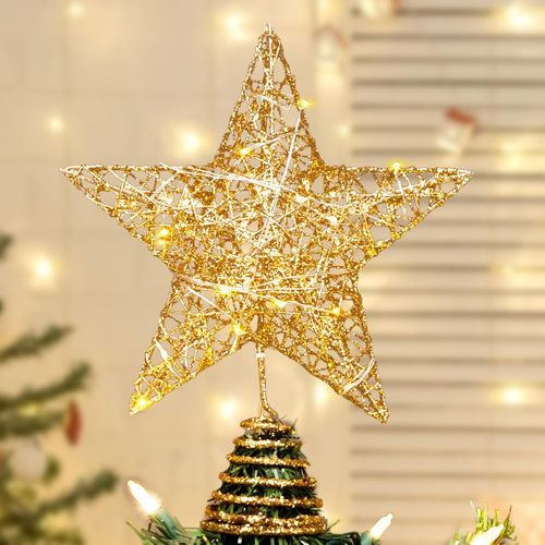Gold Glitter Star Tree Topper Metal Hallow Tree Star Lighted for Christmas Tree