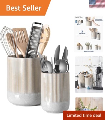 Set of 2 Glazed Marble Gray Ceramic Utensil Holders - Stylish Kitchen Organizers