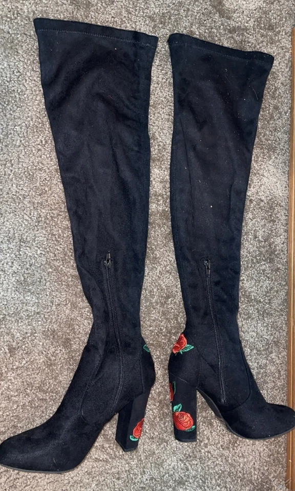 WILD DIVA-Black Suede Thigh High Rose Embroidered High Heel Boots-Size 6.5 - Image 2 of 4