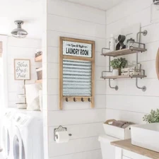Galvanized Washboard,Laundry Washboard sign with Towel Hooks,Laundry Room Dec...