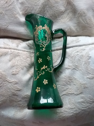 MOSER? JARRA DE VIDRIO SOPLADO Y PINTADA A MANO VERDE ESMERALDA BOHEMIA ORO DORADO - Imagen 2 de 7