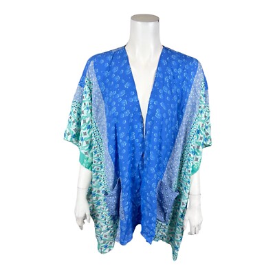 Susan Graver Petite Printed Woven Open Front Cardigan with Pockets Blue 2XP Size