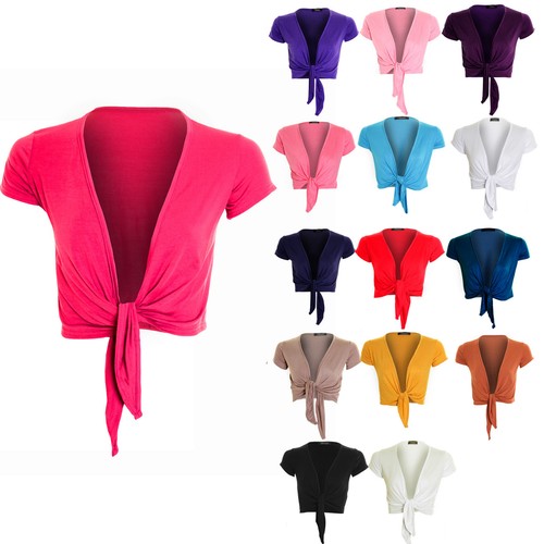Womens Tie Up Front Cap Sleeve Bolero Colour Shrug Cardigan Wrap Ladies