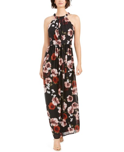 Floral Print Halter Maxi Dress Black 
