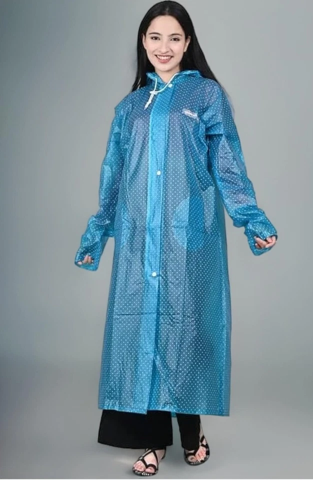 Women Polka Dot Blue Raincoat Hooded Waterproof Jacket XXL Size Lightweight 1pc - Image 2 of 4