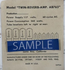 Vintage Blackface Twin Reverb AMP AB763  Replacement Tube Chart 1966  FMI SA