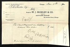 W.J. Buckley & Co Acetylene Supplies 1900 Billhead Hicks Motor Cycle Chicago*
