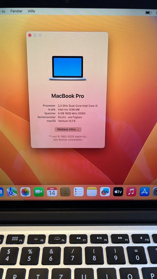 Apple MacBook Pro 13 Retina mitte 2014 Notebook i5 2.4 Ghz Ventura 13.7.5 OVP - Bild 2 von 4