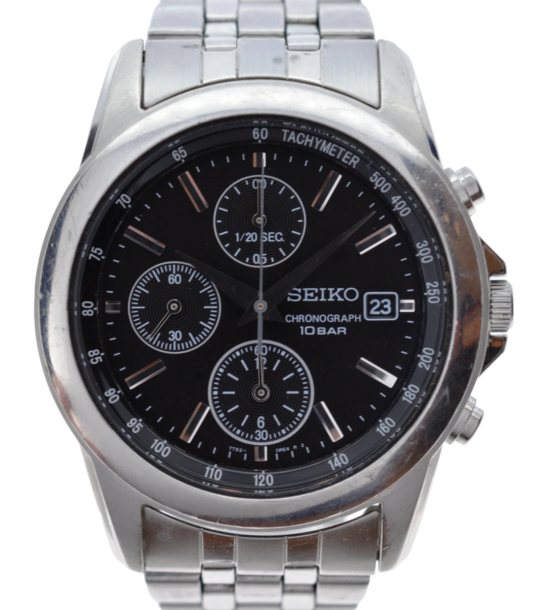 Men s Seiko 38mm Chronograph Alarm Stainless Steel Black Dial Watch 7T92 0LH0