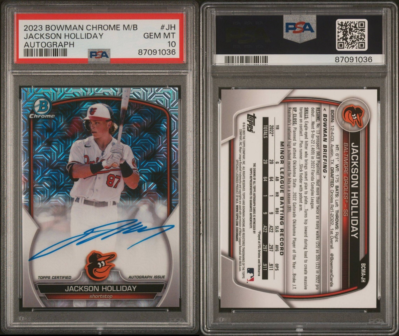 2023 Bowman Chrome JACKSON HOLLIDAY Mega Box Mojo Auto BCMA-JH PSA 10 ORIOLES  view 3