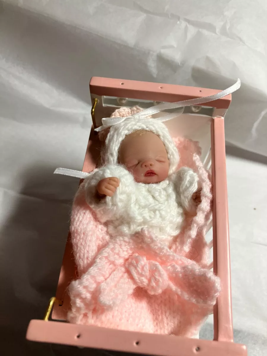 OOAK Polymer Clay Tiny Baby in Her Crib 3.5 inches