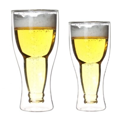 SET OF 2 INSULATING DOUBLE WALL CLEAR 3D UPSIDE DOWN BEER BOTTLE GLASS-12,16 OZ