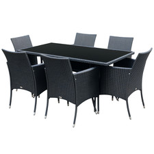 Image of Outsunny Rattan Dining Set for 6 with Cushions, Glass Top Table, Black