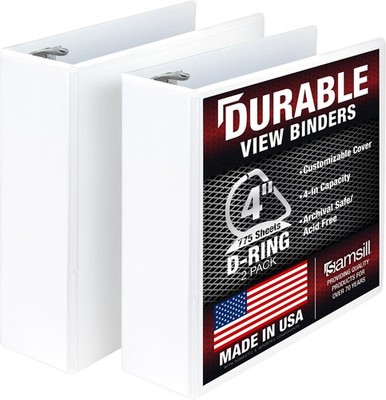 Samsill Durable 4 inch 3 Ring Binder, D 100% 2 Pack, White