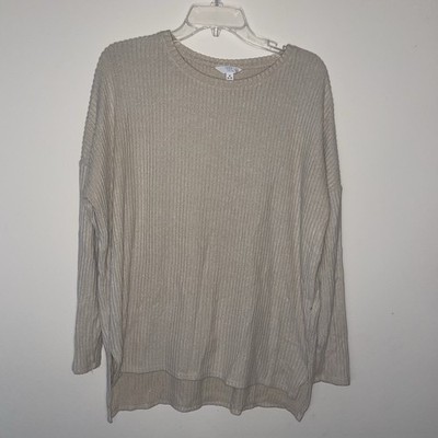 Time And Tru Cream Ribbed M Womens Crew Neck Long Sleeve Side Slit Pullover Top