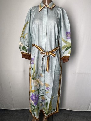 Alemais Womens Maxi Shirt Dress Blue/Multi Size 2 Alfie Self Tie Belt Linen  | eBay