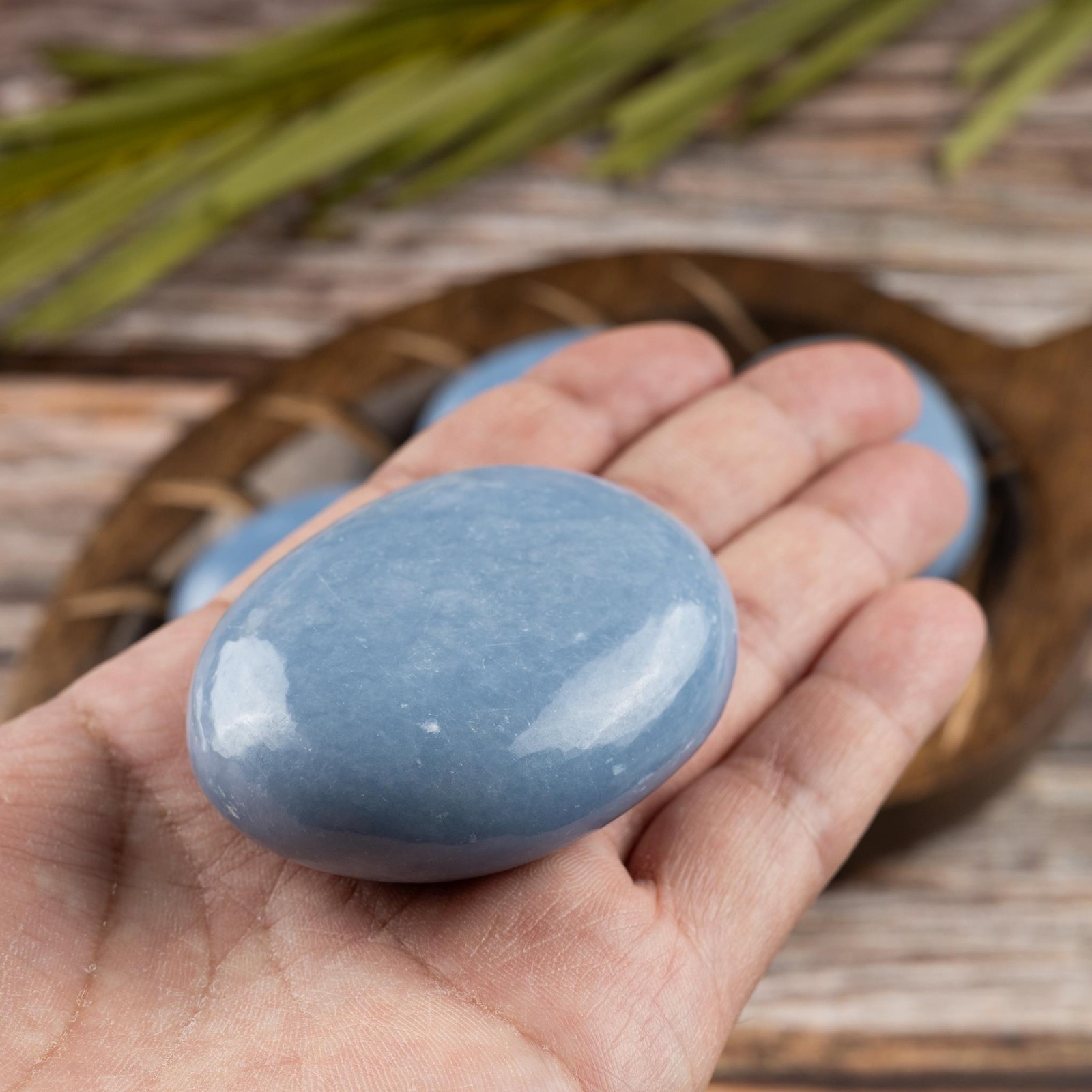 Angelite Crystal Palm Stone for Anxiety Relief, Polished Stone, Spiritual Gift