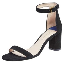 Stuart Weitzman 75 Less Nudist Black Suede Ankle Strap Sandal Block Heel Sz 10M