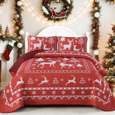 Christmas Queen Quilt Set 3 Pieces, Reindeer and Christmas Tree Snowflakes Pa...