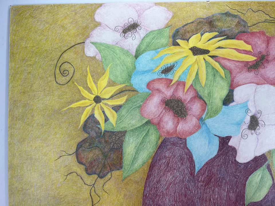"Ramo de flores en florero arte popular naturaleza muerta color lápiz dibujo 11x14""" Foto 4 de 4