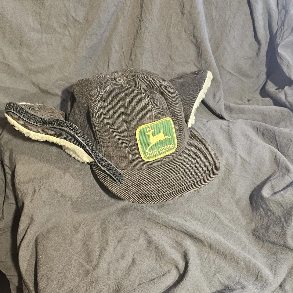 VTG-1980s John Deere Advertising Hat W/ Ear Flaps snapback trucker hat Black - Image 3 of 4