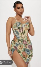 NWT Fashion Nova Floral Corset Mini Dress Bustier Tapestry Slit Party Fit Sz M