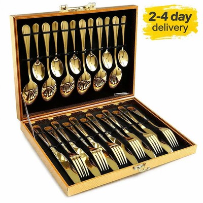 Gold Silverware Set 24-Piece Forged Stainless Steel Flatware SERVICE of 6