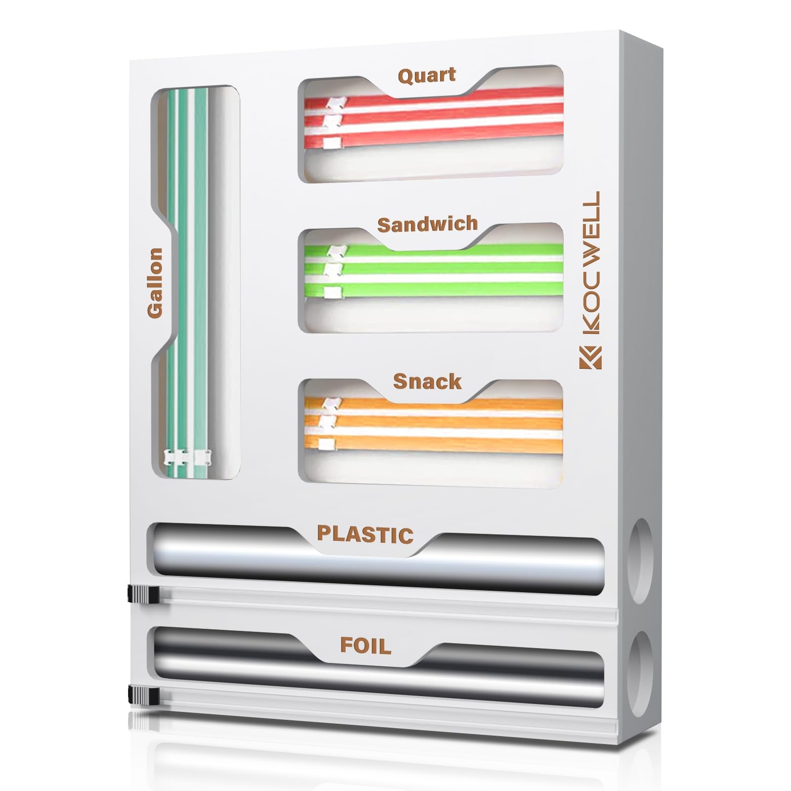 ОРГАНАЙЗЕР ДЛЯ СУМОК KOCWELL, ДИСПЕНСЕР ДЛЯ ПЛАСТИКОВОЙ УПАКОВКИ С РЕЗАКОМ, ДЛЯ КУХНИ 6 В 1 - БЕЛЫЙ