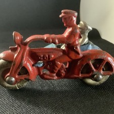 11d 1930s Hubley Cast Iron Red Cop Police Motorcycle Plus Sidecar. Works