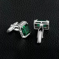 3 CT Emerald Cut Lab Created Green Emerald Men's Cufflink 14K White Gold Plated