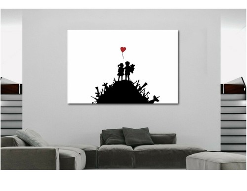 BANKSY BOY GIRL LOVE HEART BALLOON Canvas Wall Art Print - Picture 2 of 5