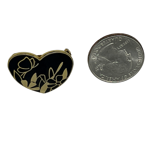 Vintage Heart Brooch Flower Butterfly Gold Tone and Black Enamel - Picture 3 of 10