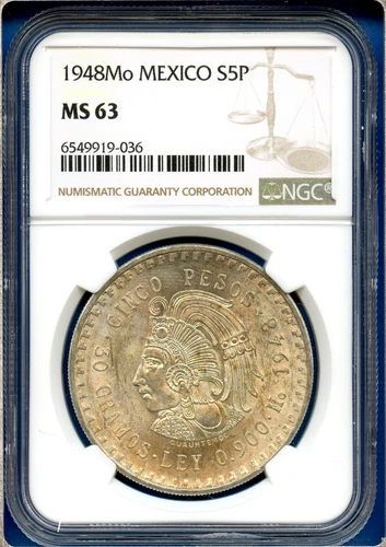 1948 Mo Mexico NGC MS63 Silver 5 Pesos S5P Cinco Pesos Cuauhtemoc MS-63