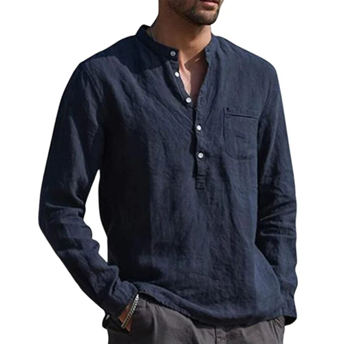 T-shirt uomo manica lunga cotone lino casual tinta unita bottoni scollo a V - Foto 8 di 25