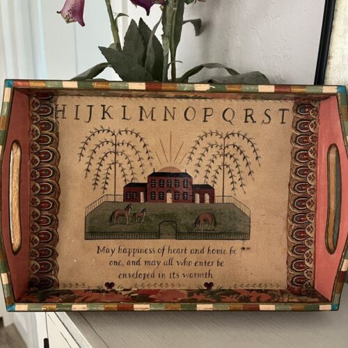 Vintage Holz Tablett Volkskunst Decoupage & bemalte Schachbrettkanten. Griffe