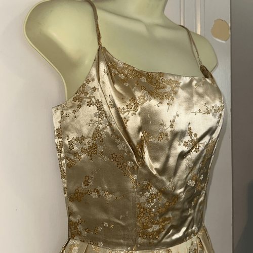 Vintage 50s Alfred Shaheen Honolulu Gold Brocade Spaghetti Strap Cocktail Dress - Picture 5 of 9