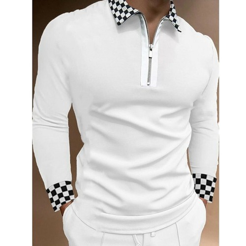 Men Fashion Printed T-Shirt Plaid Zip Up Lapel Shirt Slim Casual Long Sleeve - Picture 10 of 10