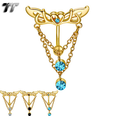 TT Reverse Gol-Tone Angel Wing CZ Dangle Belly Bar Ring Clear/Blue (BL517)