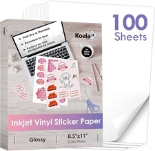 Koala Printable Vinyl Sticker Paper for Inkjet Printers - 100 Sheets Glossy W...