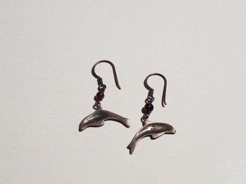 Vintage Sterling Silver .925 Dangle Drop Earrings Dolphin/ Porpoise W Bead - 第 5/6 張圖片