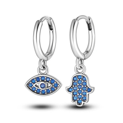 Crystal Hamsa Hand Eye Minimal Earrings 925 Sterling Silver Hoop Earrings