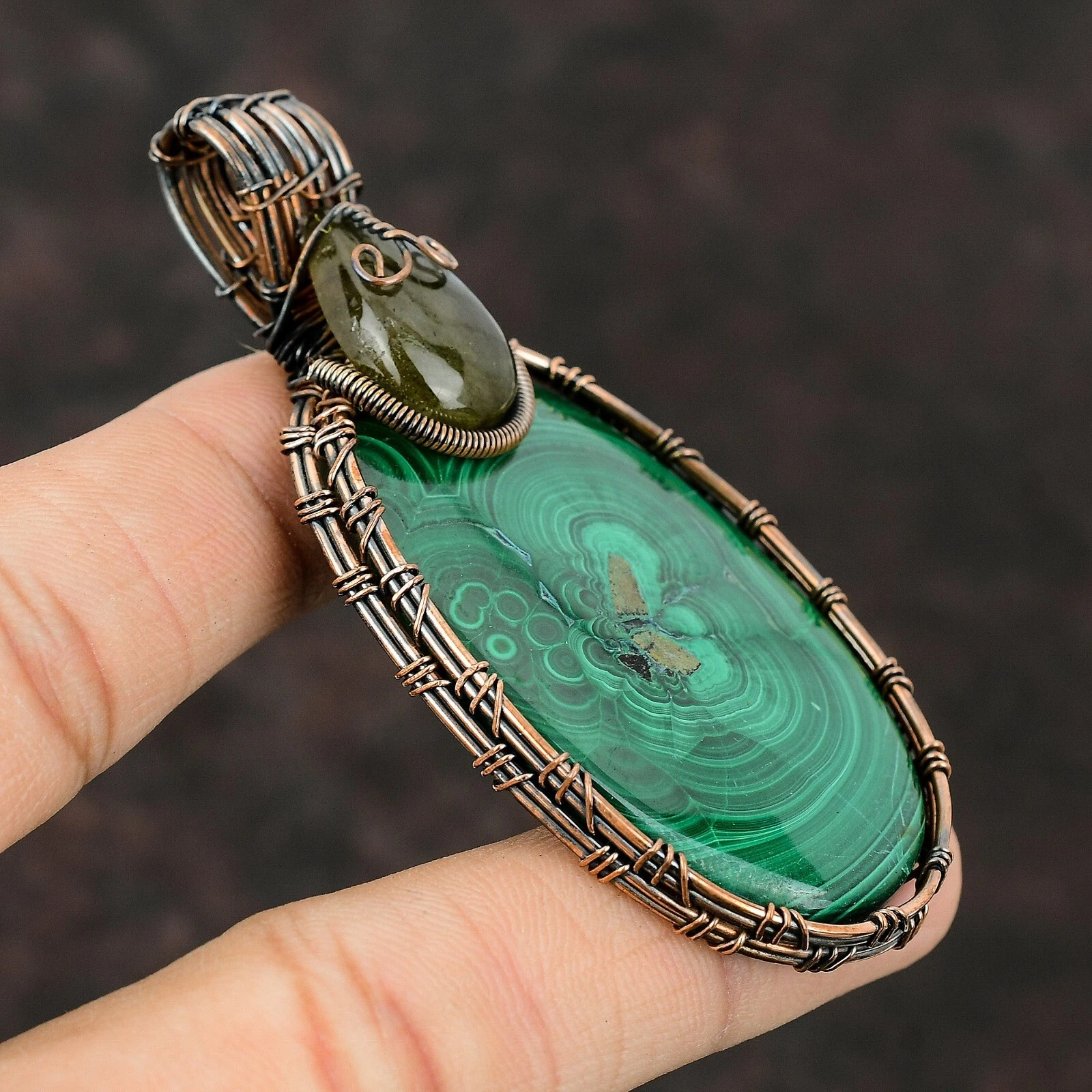 Gift For Her Russian Malachite Wire Wrapped Pendant Copper Jewelry 3.15" - product detail image 4