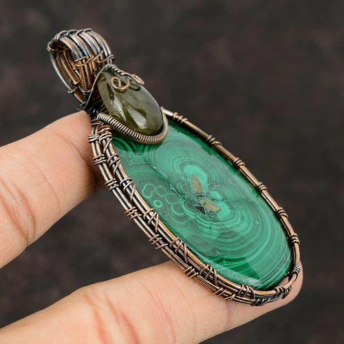 Gift For Her Russian Malachite Wire Wrapped Pendant Copper Jewelry 3.15" image 4