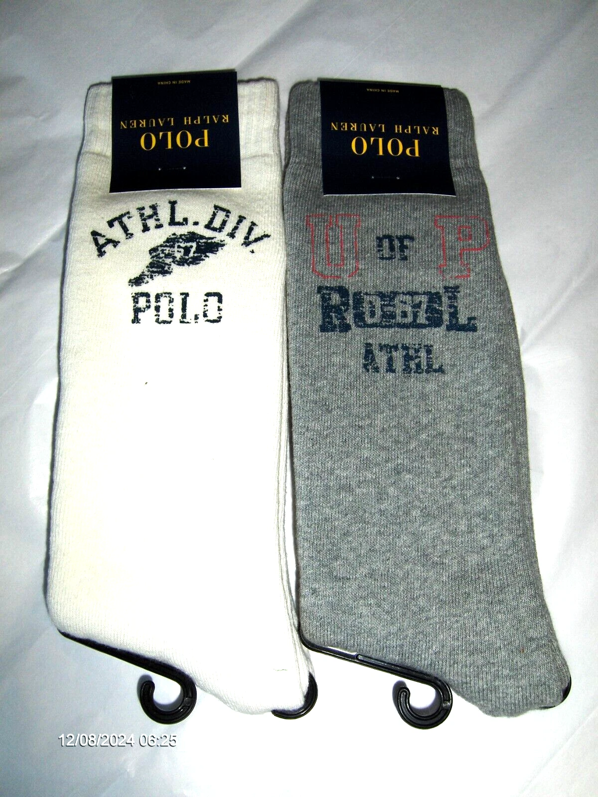 Polo Ralph Lauren Mens Crew Athletic Div Sport Socks 2 Pair White and Gray