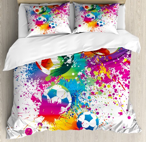 Soccer Duvet Cover Set with Pillow Shams Colorful Splashes Balls Print