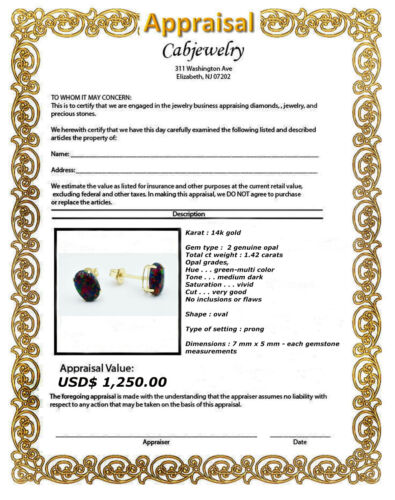 GENUINE 1.42 Cts OPAL STUD EARRINGS 14k GOLD - Free Appraisal Service - NWT - Picture 4 of 4