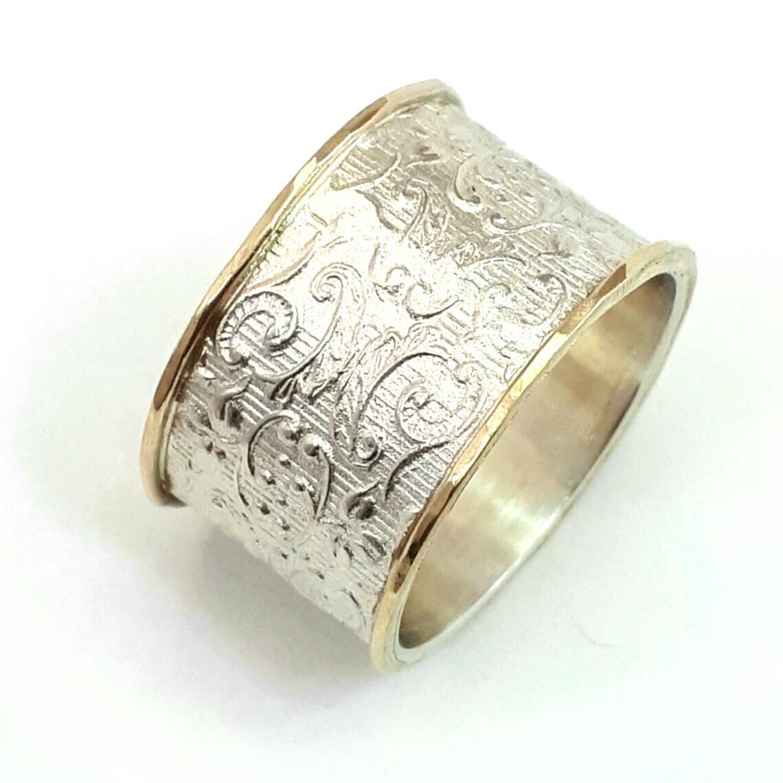 Anillo de boda de plata ancha con patrón de flores y hojas 925 de plata esterlina anillo moderno