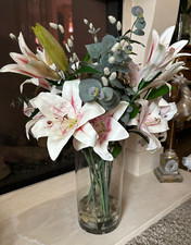 QVC Peony Flowers White Lilies  & Pussy Willow Eucalyptus Glass Vase Big Display