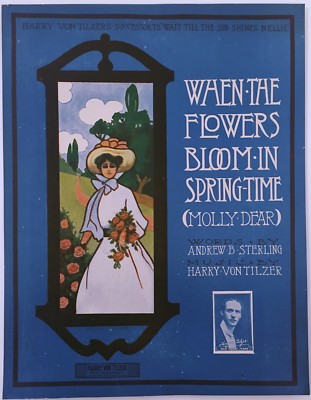 ''WHEN THE FLOWERS BLOOM IN SPRINGTIME'' SHEET MUSIC STORE AD POSTER c1900 LARGE